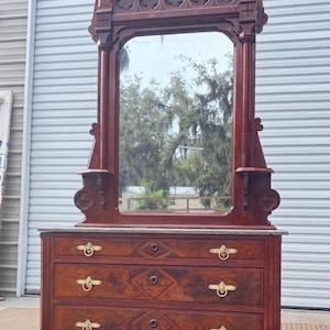 Antique 1880’s Eastlake Dresser with Large Carved Mirror – Antique Victorian Solid Wood Chest of Drawers  Dresser Mirror/ BIG & BEAUTIFULLY