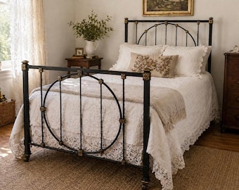 Antique Early 1900s-1925 Solid Cast Iron/ Steel Full Size Bed Frame with Cast iron Joints plus steel rails.Circular design on Frame