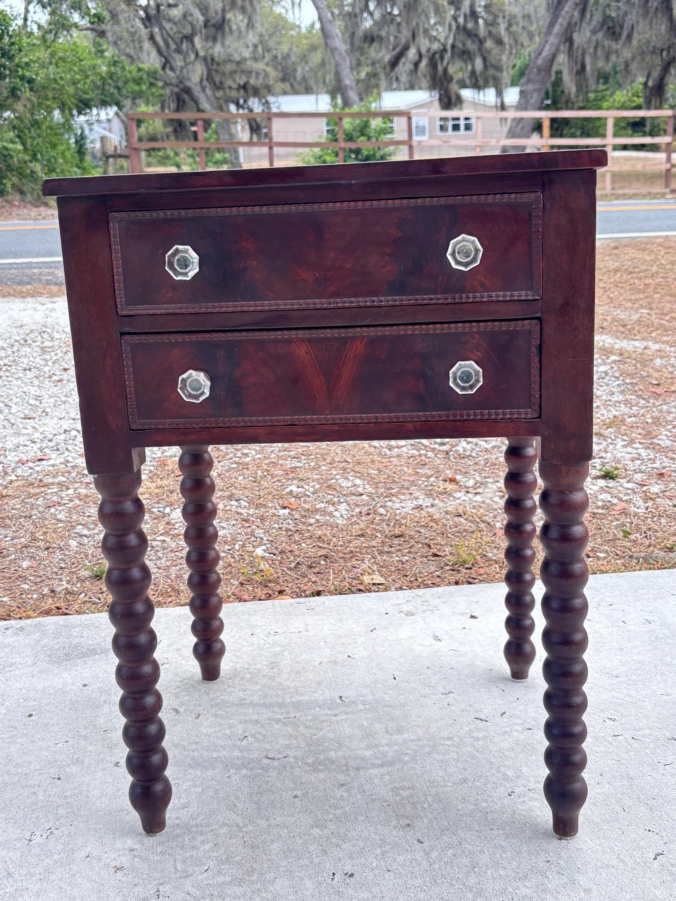 Sheraton Antique 1830s Mahogany Two Drawer Side Table/ Nightstand / End Table/ Spiral legs/ Barley Twist legs/ Glass Knobs/ Free Shipping!