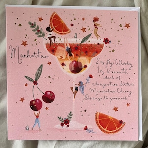 Biglietto d'auguri con cocktail Manhattan, divertente ricettario illustrato, interno vuoto, biglietto di auguri per festeggiamenti o compleanni