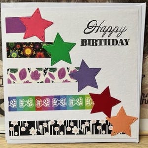 Handgemachte Geburtstagskarte – Bunte Sterne und Washi Tape Design – Einzigartig & Fröhlich