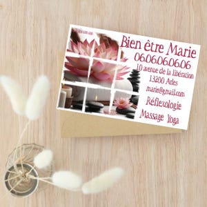 Carte de visite originale, massage, bien etre, soin relaxant, massotherapie, sophrologie, aromathérapie, réflexologie avec QR code si besoin
