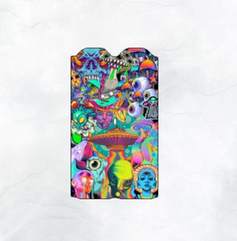 May include: A psychedelic digital art print featuring a colorful collage of mushrooms, aliens, eyes, and skulls. The print is a vibrant mix of neon green, pink, blue, and purple.