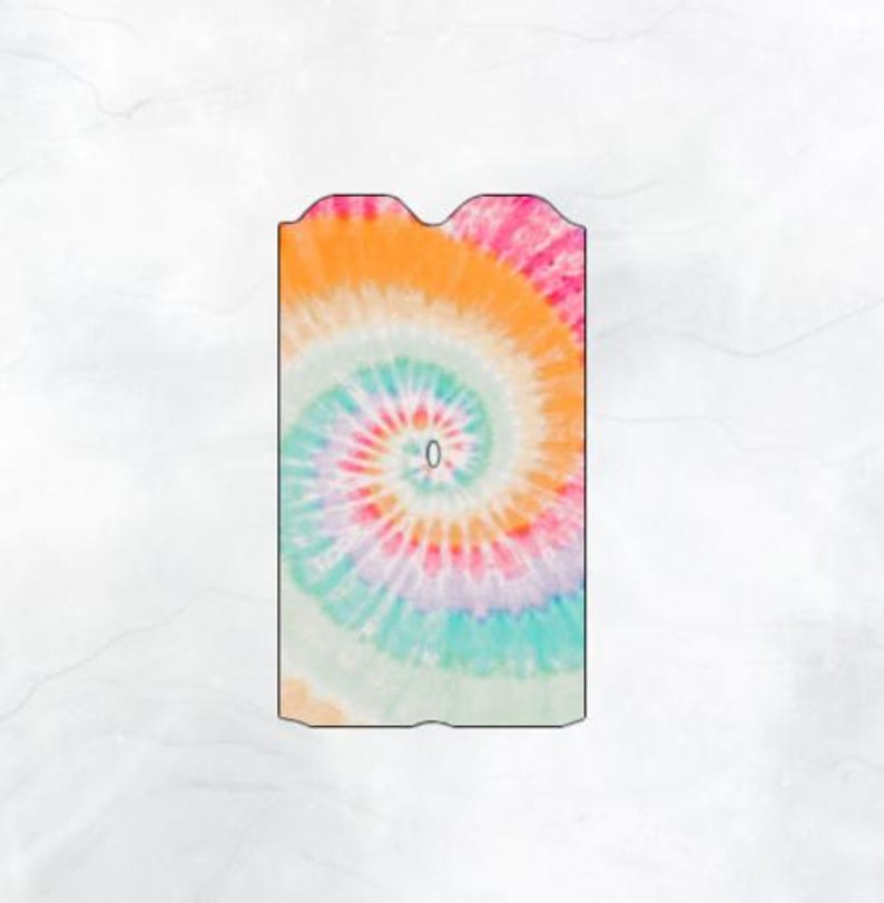 May include: A tie-dye pattern in shades of orange, pink, blue, and green. The pattern is a spiral design with a white centre.