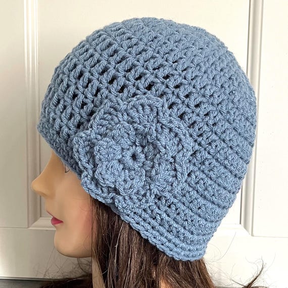 Slate Blue Beanie Hat With Flower, Brimless Cloche Hat  display picture 1