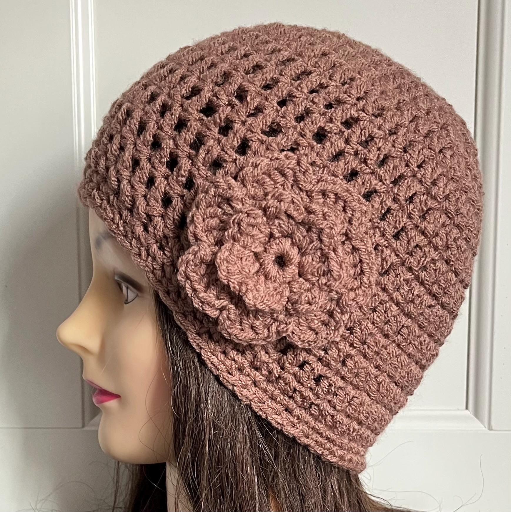 Mocha Brown Beanie Hat With Flower, Crochet Cloche Hat - Etsy