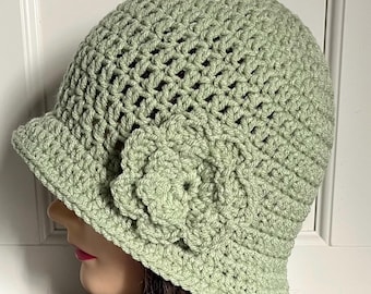 Handmade Green & Yellow Checkered Crochet Cloche With Lace 
