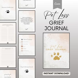 May include: A digital download for a pet loss grief journal. The cover features a watercolour background with gold glitter and a gold paw print. The title "Pet Loss Grief Journal" is written in black cursive font. The text "Instant Download!" is written in white font on a black background.