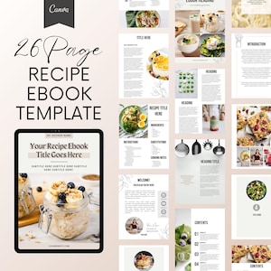 May include: A 26-page recipe ebook template with a cover featuring a glass jar filled with oatmeal, bananas, and blueberries. The template includes pages for the title, introduction, ingredients, instructions, substitutions, cooking notes, and contents.