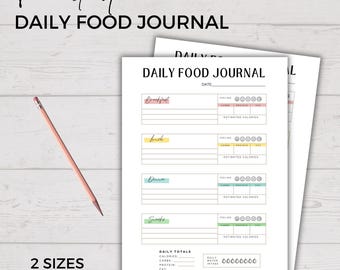Può includere: Un diario alimentare giornaliero stampabile con sezioni per colazione, pranzo, cena e spuntini. Il diario include spazio per tenere traccia di sentimenti, carboidrati, proteine, grassi e calorie stimate. Una matita è appoggiata sulla superficie di legno.