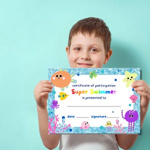 Certificado de natación para niños: premio al logro en natación imprimible y editable