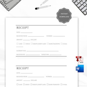 Afdrukbaar betalingsbewijssjabloon - bewerkbare pdf en Word - huur, contant en zakelijk ontvangstbewijs - blanco sjabloon - direct downloaden
