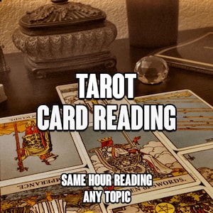 May include: Tarot card reading with the text "TAROT CARD READING" and "SAME HOUR READING ANY TOPIC" overlaid on the image. The image features tarot cards, a decorative box, and a crystal ball.