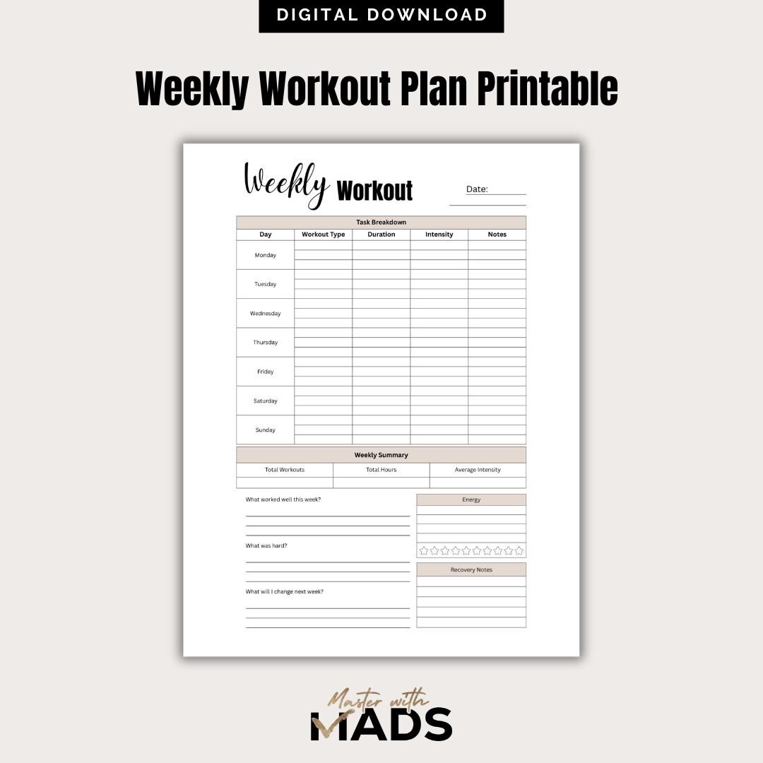 Weekly Workout Plan Printable Fitness Planner Workout Tracker Exercise ...