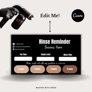 Modelo de cartão de lembrete para enxágue de bronzeamento artificial preto no Canva | Cartão de cuidados pós-tratamento editável | Modelo de impressão para atendimento ao cliente em salão de beleza | Download digital instantâneo