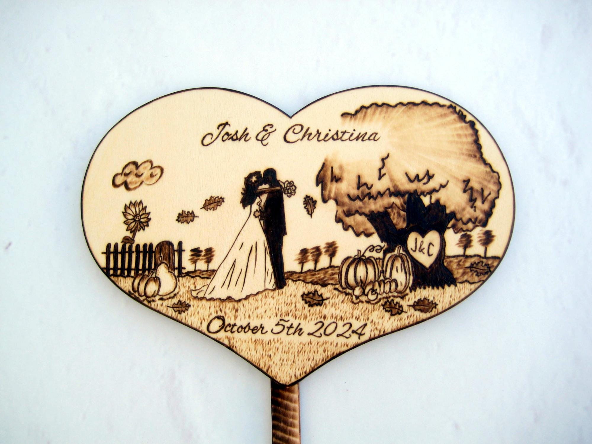 Personalized Fall Wedding Cake Topper: Rustic Oak Tree, Silhouette Couple