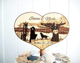 Rustic lake or beach Wedding Cake Topper, Country wedding, Silhouette bride and groom, Unique wedding gift for the couple, Wood Heart