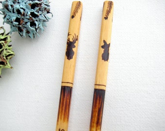 Engraved deer chopsticks, Buck and Doe personalized gift for couple, Deer heads wood burning on Asian chopsticks, Japanese style dining