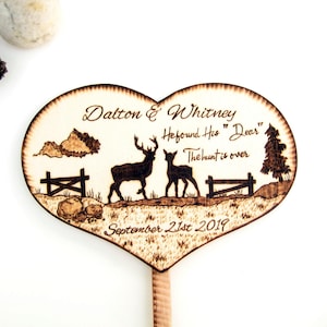 Personalized Deer Wedding Cake Topper: Rustic Wood Heart, Buck and Doe Silhouette