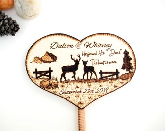 Personalized Deer Wedding Cake Topper: Rustic Wood Heart, Buck and Doe Silhouette