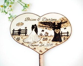 Rustic wedding cake topper Silhouette Bride and Groom, Unique Wedding gift for couple, Country wedding, Personalized wood heart, PYROGRAPHY