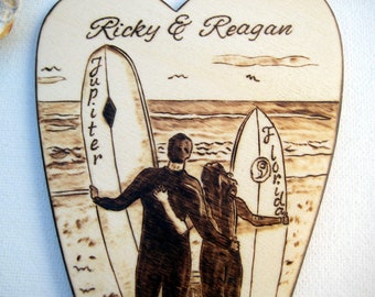 Beach Wedding Cake Topper, Surfers Silhouette Couple, Wood Heart, Personalized Wedding Pyrography