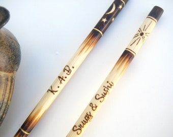 Personalized engraved chopsticks, Sun and Moon wood burning, Unique Asian serving utensils, Astrology theme, Japanese style chopsticks, Gift