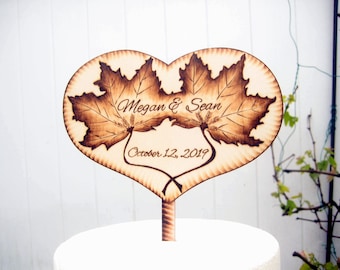 Rustic Wedding Cake Topper with Leaves and Deer or Infinity Sign - Autumn, Camo, Hunting - Wooden Heart  - Fall Cake Topper - Personalizable