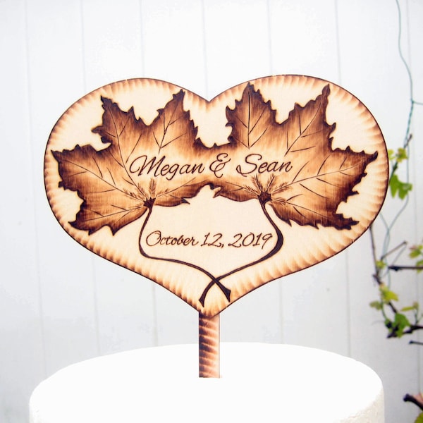 Rustic Wood Heart Cake Topper: Personalized Autumn Wedding Decor