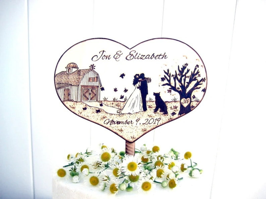 Rustic Wedding Cake Topper: Personalized Barn Silhouette, Bride and ...