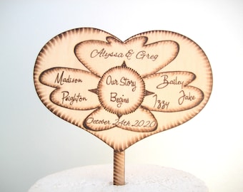 Blended Family Wedding Cake Topper, wedding with kids, Our Story Begins, Personalized with names, PYROGRAPHY, Gift for couple, Wooden heart