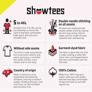 May include: Graphic promoting Showtees shirts. Features include size range from S to 4XL, double-needle stitching, side seam-free construction, garment-dyed fabric, 100% cotton, and origin in Honduras. The design uses a yellow and white color scheme.