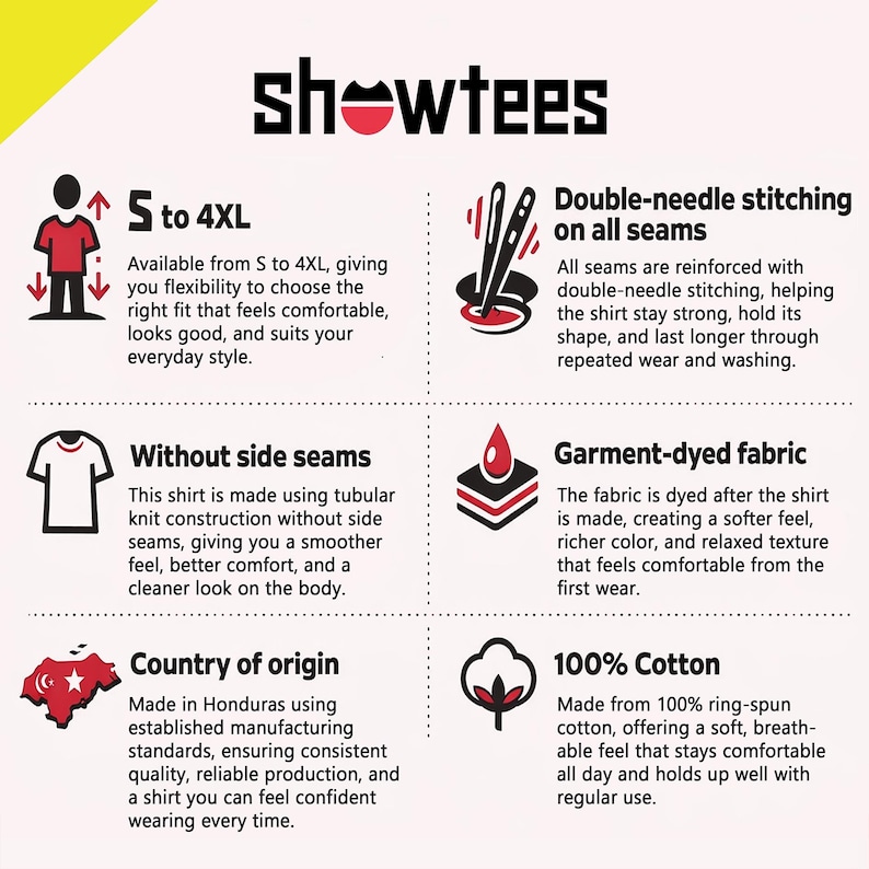 May include: Graphic promoting Showtees shirts. Features include size range from S to 4XL, double-needle stitching, side seam-free construction, garment-dyed fabric, 100% cotton, and origin in Honduras. The design uses a yellow and white color scheme.