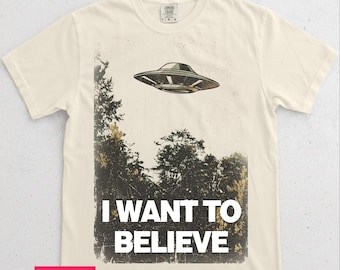 I Want to Believe UFO Retro X-Files T-Shirt, Comfort Colors Heavyweight Tee