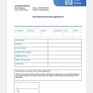 Permanent Placement Agreement Template – Editable one page Legal Doc for Recruiters & HR Teams