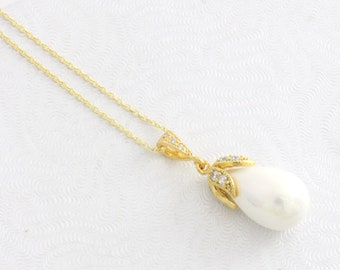 Bridal Pearl Necklace Gold or Silver, Delicate Wedding Teardrop Bridesmaid Jewelry, White Pearl Pendant Chain Necklace, Sterling, Gold Fill