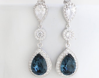 Navy Blue Bridal Earrings, Montana Wedding Earrings, Cubic Zirconia Earings CZ, Swarovski Bridesmaid Long Teardrop Earring for Bride Day of