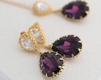 Amethyst Swarovski Crystal Bridal Earrings and Necklace Set, Purple Old Hollywood Wedding Jewelry, Plum Bridal or Bridesmaid Teardrop Drop