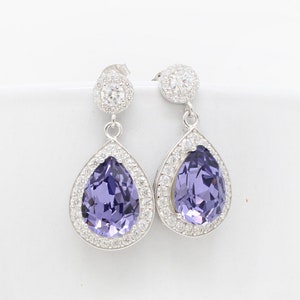 Lavender Bridesmaid Earrings, Purple Pear Crystal Earrings, Tanzanite Swarovski Teardrop, Bridal Zirconia Post, Sterling Silver Rose Gold