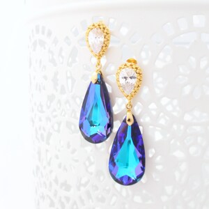 Purple Bridal Earrings, Violet Wedding Earrings, Heliotrope Swarovski Crystal Earring Cubic Zirconia Jewelry Purple and Turquoise Bridesmaid