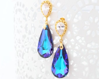 Purple Bridal Earrings, Violet Wedding Earrings, Heliotrope Swarovski Crystal Earring Cubic Zirconia Jewelry Purple and Turquoise Bridesmaid