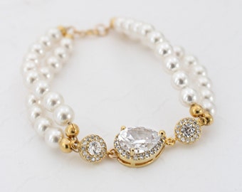 Gold Pearl Bridal Jewelry, Pearl Bridal Bracelet Gold, Pearl Wedding Bracelet Gold, Victorian Style Bracelet Pearl and Rhinestone Gold