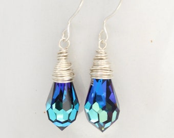 Bermuda Blue Earrings, Blue and Aqua Teardrop Crystal Earrings, Wire Wrapped Earrings Sterling Silver or Gold Filled Drop Bridesmaid Earring