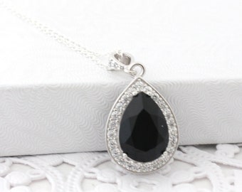 Black Wedding Necklace, Wedding Teardrop Necklace, Bridal Jewelry, Bridal Necklace in Black Swarovski Jewelry, Silver or Gold Teadrop