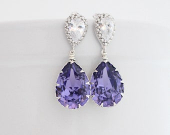 Purple Bridal Earrings, Tanzanite Swarovski Earrings, Lilac Wedding Teardrop Earrings, Purple Bridesmaid Earrings, Silver Earrings Dangle