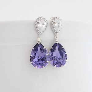 Purple Bridal Earrings, Tanzanite Swarovski Earrings, Lilac Wedding Teardrop Earrings, Purple Bridesmaid Earrings, Silver Earrings Dangle