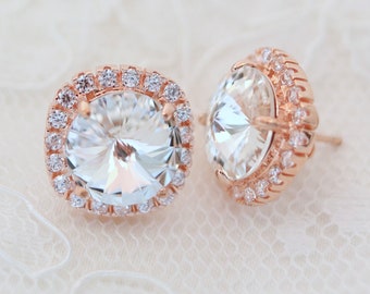 Clear Bridal Stud Earrings Rose Gold, Swarovski Crystal Post Earrings Sterling Silver, Cubic Zirconia Bridesmaid Studs Gold, Sparkly Earring
