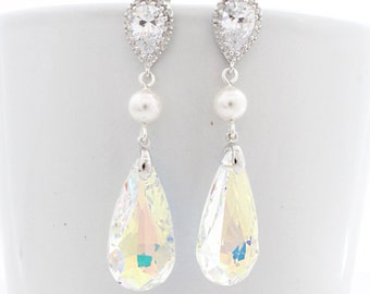 Clear Wedding Earrings, Clear AB Swarovski Crystal Earrings, Ivory Pearl and Crystal Earrings, Bridal Earings, Bridal Jewelry, Wedding Jewel