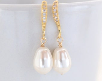 Rose Gold Bridal Pearl Drop Earrings, Swarovski Pearl Teardrop Earring for Bridesmaid, Silver Wedding Earrings, Gold Pearl Wedding Earrings
