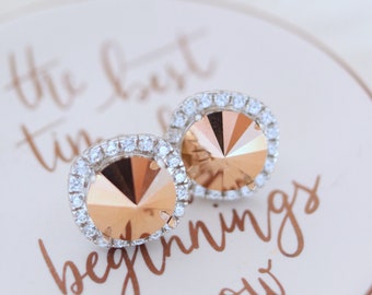 Rose Gold Swarovski Crystal Stud Earrings: Sterling Silver Bridal and Bridesmaid Jewelry